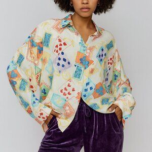 C by One Button-Up Shirt Tunic Blouse Novelty Print Playing Cards Linen Rayon L